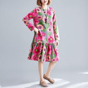 Large Size Loose And Thin Mid-length Linen Cotton Print Dress (Color:Rose Red Size:XL)