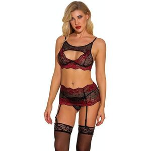 Wome two-tone lace mesh sexy close body lingerie  grootte: XXL (rode wijn)