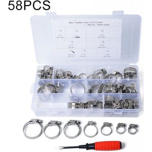 58 PCS Stainless Steel Adjustable Worm Gear Hose Clamp Fuel Line Clip with Screwdriver  Diameter Range: 6-38mm