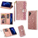 For Samsung Galaxy Note10 Multi-card Slots Starry Sky Laser Carving Glitter Zipper Horizontal Flip Leather Case with Holder & Wallet & Lanyard(Rose Gold)
