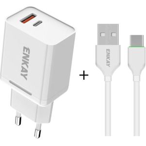 ENKAY Hat-Prince T030 18W 3A PD + QC3.0 Dual USB Fast Charging Power Adapter EU Plug Portable Travel Charger With 1m 3A Type-C Cable