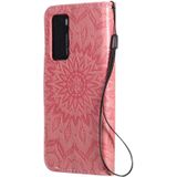 For Huawei P40 Pressed Printing Sunflower Pattern Horizontal Flip PU Leather Case with Holder & Card Slots & Wallet & Lanyard(Pink)