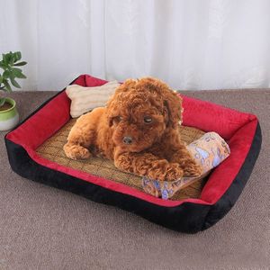 Dog Bone Pattern Big Soft Warm Kennel Pet Dog Cat Mat Blanket  with Rattan Mat & Blanket Size: M  70×50×15cm (Black Red)