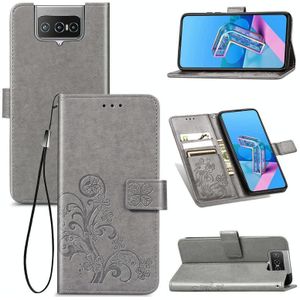 For Asus Zenfone 7 / 7 Pro  Four-leaf Clasp Embossed Buckle Mobile Phone Protection Leather Case with Lanyard & Card Slot & Wallet & Bracket Function(Gray)
