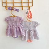 Girls Small Plaid Lace One-piece Romper And Skirt Romper (Color:Purple Size:90)