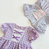 Girls Small Plaid Lace One-piece Romper And Skirt Romper (Color:Purple Size:90)