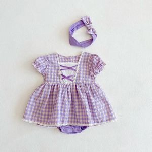 Girls Small Plaid Lace One-piece Romper And Skirt Romper (Color:Purple Size:90)