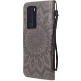For Huawei P40 Pro Pressed Printing Sunflower Pattern Horizontal Flip PU Leather Case with Holder & Card Slots & Wallet & Lanyard(Grey)