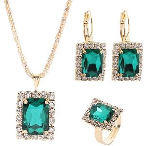Square Crystal Necklace Earrings Ring For Women Jewelry Sets(Green)