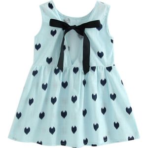 Girls Cotton Linen Love-heart Pattern Lace-up Dress(Blue)