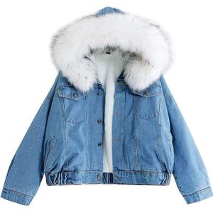 Velvet Thick Denim Jacket Female Winter Big Fur Collar Locomotive Lamb Coat Female Student Short Coat  Size: XL(White)