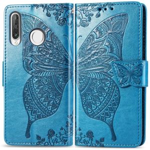 Butterfly Love Flowers Embossing Horizontal Flip Leather Case for Huawei P30 Lite / Nova 4e  with Holder & Card Slots & Wallet & Lanyard (Blue)