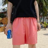 Summer Loose Casual Solid Color Shorts Polyester Drawstring Beach Shorts for Men (Color:Watermelon Red Size:XXXL)