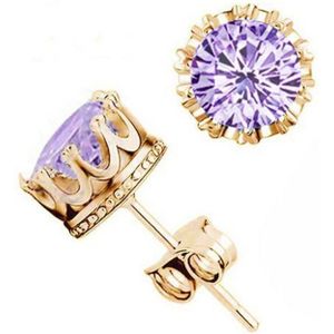 Women Crown Earrings Crystal Jewelry Double Stud Earrings(Gold + Purple)