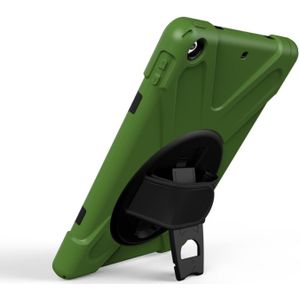 For iPad 9.7 (2018) & iPad 9.7 (2017) 360 Degree Rotation PC + Silicone Protective Case with Holder & Hand-strap(Army Green)