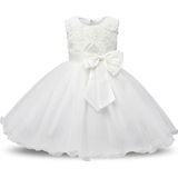 White  Girls Sleeveless Rose Flower Pattern Bow-knot Lace Dress Show Dress  Kid Size: 100cm