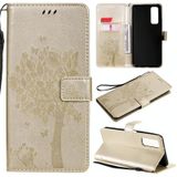 For Huawei P Smart 2021 Tree & Cat Pattern Pressed Printing Horizontal Flip PU Leather Case with Holder & Card Slots & Wallet & Lanyard(Gold)