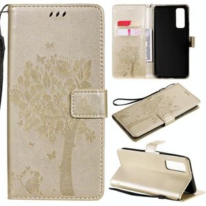 For Huawei P Smart 2021 Tree & Cat Pattern Pressed Printing Horizontal Flip PU Leather Case with Holder & Card Slots & Wallet & Lanyard(Gold)