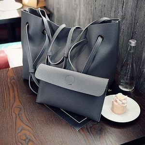 2 in 1 Soft Leather Women Bag Set Luxury Fashion Design Shoulder Bags Big Casual Bags Handbag(Dark Grey)