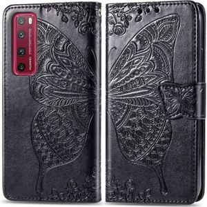 For Huawei Nova 7 Pro Butterfly Love Flower Embossed Horizontal Flip Leather Case with Bracket / Card Slot / Wallet / Lanyard(Black)