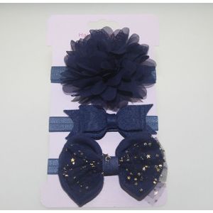 3 in 1Children Bow Flower Headband Hair Band Hair Ring Read Tiara(Dark blue)