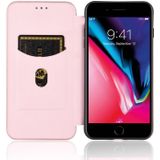 For iPhone 7 Plus / 8 Plus Carbon Fiber Texture Magnetic Horizontal Flip TPU + PC + PU Leather Case with Card Slot(Pink)
