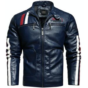 Autumn and Winter Letters Embroidery Pattern Tight-fitting Motorcycle Leather Jacket for Men (Color:Dark Blue Size:S)