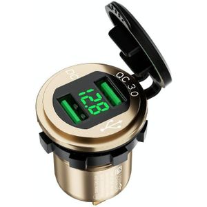 Car Motorcycle Modified USB Charger QC3.0 Metal Waterproof Fast Charge(Golden Shell Green Light)