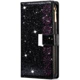 For Huawei Y6 (2019) / Y7 (2019) Multi-card Slots Starry Sky Laser Carving Glitter Zipper Horizontal Flip Leather Case with Holder & Wallet & Lanyard(Black)