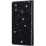 For Huawei Y6 (2019) / Y7 (2019) Multi-card Slots Starry Sky Laser Carving Glitter Zipper Horizontal Flip Leather Case with Holder & Wallet & Lanyard(Black)