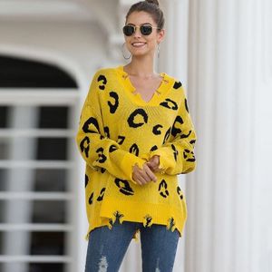 Fashion Leopard V-neck Hole Knit Sweater (Color:Yellow Size:L)