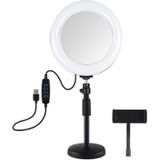 PULUZ 7.9 inch 20cm Mirror Light + Round Base Desktop Mount 3 Modes Dimmable Dual Color Temperature LED Curved Light Ring Vlogging Selfie Photography Video Lights with Phone Clamp (Black)