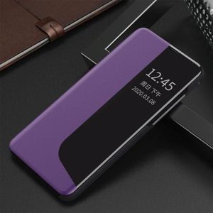 For Huawei Mate 20 Pro Side Display Shockproof Horizontal Flip Leather Case with Holder & Call Answering Function & Sleep / Wake-up(Purple)