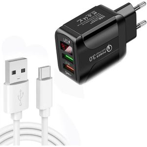 F002C QC3.0 USB + USB 2.0 LED Digital Display Fast Charger with USB to Type-C Data Cable  EU Plug(Black)