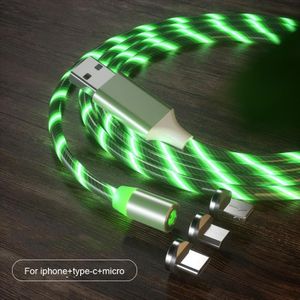 3 in 1 USB to 8 Pin + Type-C / USB-C + Micro USB Magnetic Absorption Colorful Streamer Charging Cable  Length: 2m(Green Light)