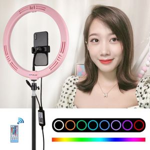 PULUZ 11.8 inch 30cm RGB Dimmable LED Dual Color Temperature LED Curved Diffuse Light Ring Vlogging Selfie Photography Video Lights with Cold Shoe Tripod Ball Head & Phone Clamp & Remote Control(Pink)