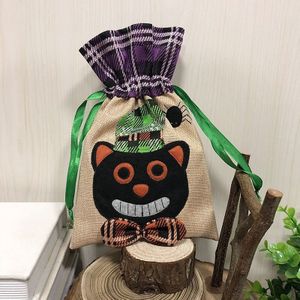 Black Cat Pattern Halloween Decorations Creative Cartoon Candy Gifts Kids Drawstring Tote Bag