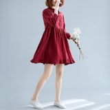 Loose Plus Size Linen Cotton Ruffle Dress (Color:Wine Red Size:XXL)