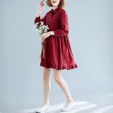 Loose Plus Size Linen Cotton Ruffle Dress (Color:Wine Red Size:XXL)