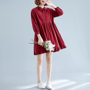 Loose Plus Size Linen Cotton Ruffle Dress (Color:Wine Red Size:XXL)