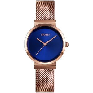 Skmei 1595 Fashion Elegant Scale Free Steel Mesh Belt Women's Watch Waterproof Business Student Quartz Watch Female(Rose Gold Blue)