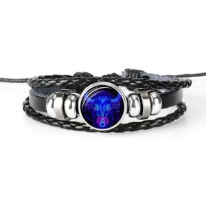 12 Constellation Black Braided Leather Glass Dome Punk Men Bracelet(Taurus)