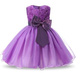 Purple Girls Sleeveless Rose Flower Pattern Bow-knot Lace Dress Show Dress  Kid Size: 100cm