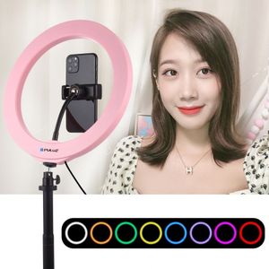 PULUZ 10.2 inch 26cm USB 10 Modes 8 Colors RGBW Dimmable LED Ring Vlogging Photography Video Lights with Cold Shoe Tripod Ball Head & Phone Clamp(Pink)