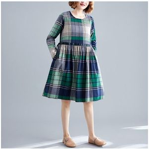 Large Size Loose Looking Thin Western Style Mid-length Plaid Dress (Color:Green Size:XXXL)