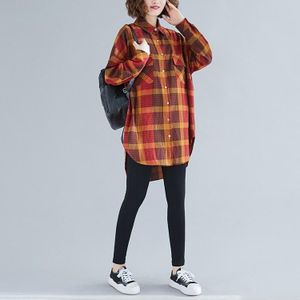 Loose Large Size Slim Mid-length Retro Plaid Shirt (Color:Orange Size:XL)