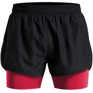 Men Fake Two-piece Sports Stretch Shorts (Color:Black Red Size:M)