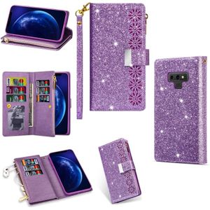 For Samsung Galaxy Note9 Multi-card Slots Starry Sky Laser Carving Glitter Zipper Horizontal Flip Leather Case with Holder & Wallet & Lanyard(Purple)