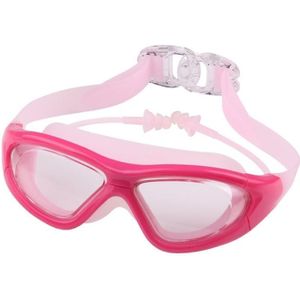 J8150 Eye Protection Flat Light Adult waterproof Anti-fog Big Frame Swimming Goggles with Earplugs(Transparent Pink)