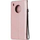 For Huawei Y9a Tree & Cat Pattern Pressed Printing Horizontal Flip PU Leather Case with Holder & Card Slots & Wallet & Lanyard(Rose Gold)